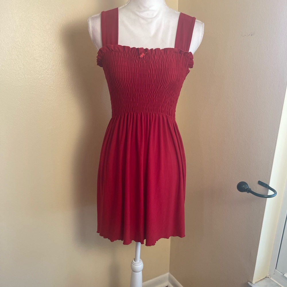 Vintage Red Smocked Mini Dress Stretchy Pull Over Sundress Casual Cottagecore L